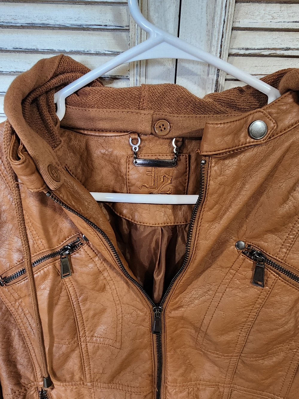Tan Hooded Faux Leather Jacket - Stylish Zip Front Coat - Picture 6 of 9